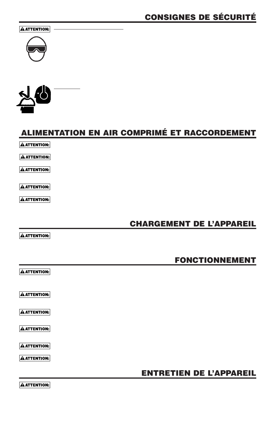 Consignes de sécurité, Alimentation en air comprimé et raccordement, Chargement de l’appareil | Fonctionnement, Entretien de l’appareil | Bostitch N100CPP User Manual | Page 23 / 32