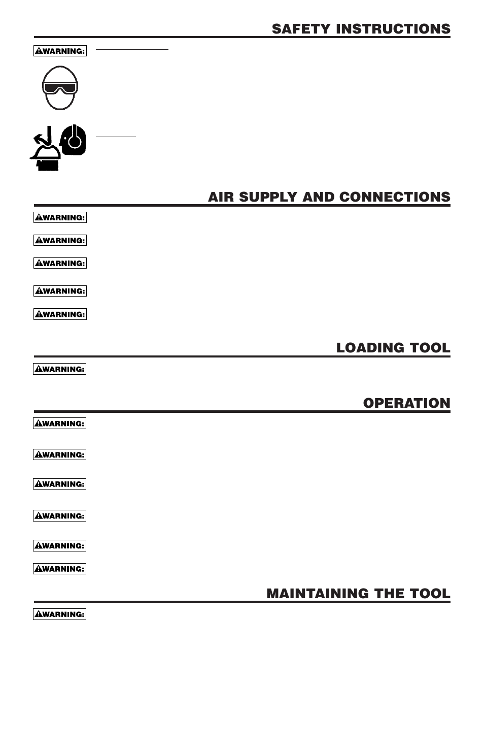 Safety instructions, Air supply and connections, Loading tool | Operation, Maintaining the tool | Bostitch N100CPP User Manual | Page 3 / 32