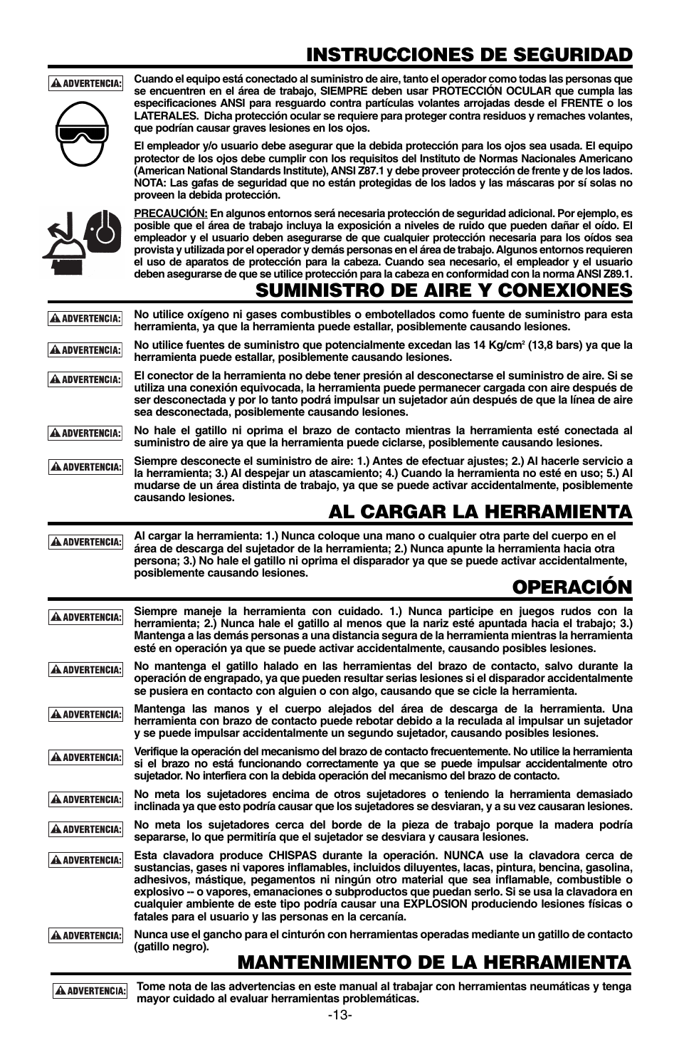 Instrucciones de seguridad, Suministro de aire y conexiones, Al cargar la herramienta | Operación, Mantenimiento de la herramienta | Bostitch 166066REVE User Manual | Page 13 / 32