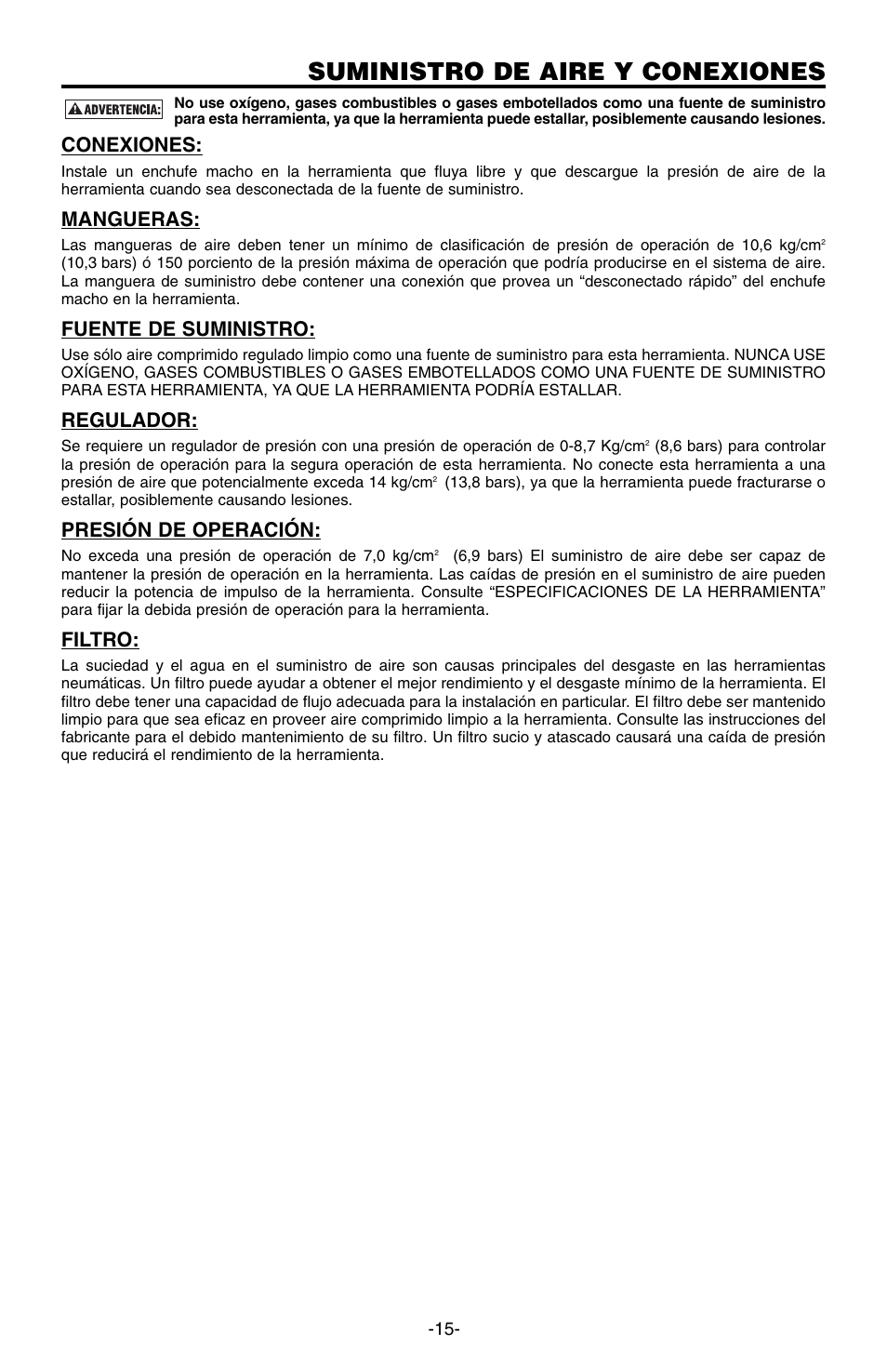 Suministro de aire y conexiones, Conexiones, Mangueras | Fuente de suministro, Regulador, Presión de operación, Filtro | Bostitch 166066REVE User Manual | Page 15 / 32