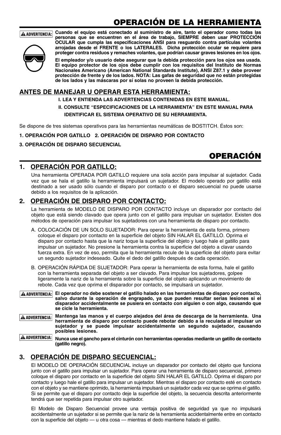 Operación de la herramienta, Operación | Bostitch 166066REVE User Manual | Page 17 / 32