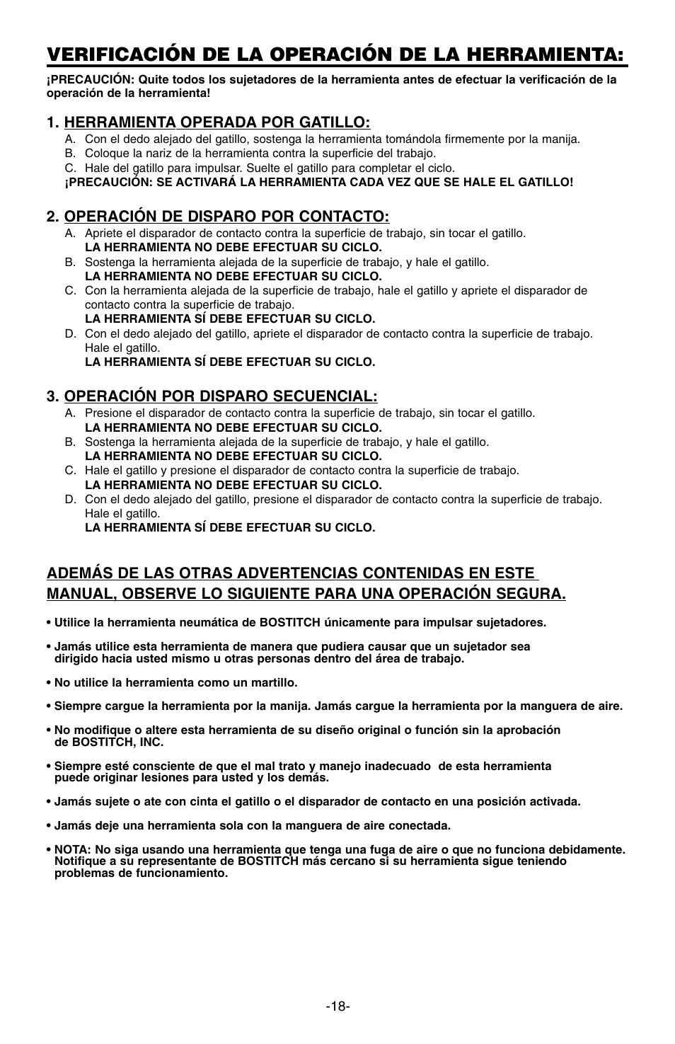 Verificación de la operación de la herramienta, Herramienta operada por gatillo, Operación de disparo por contacto | Operación por disparo secuencial | Bostitch 166066REVE User Manual | Page 18 / 32