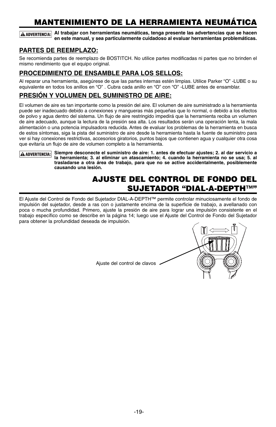 Mantenimiento de la herramienta neumática | Bostitch 166066REVE User Manual | Page 19 / 32