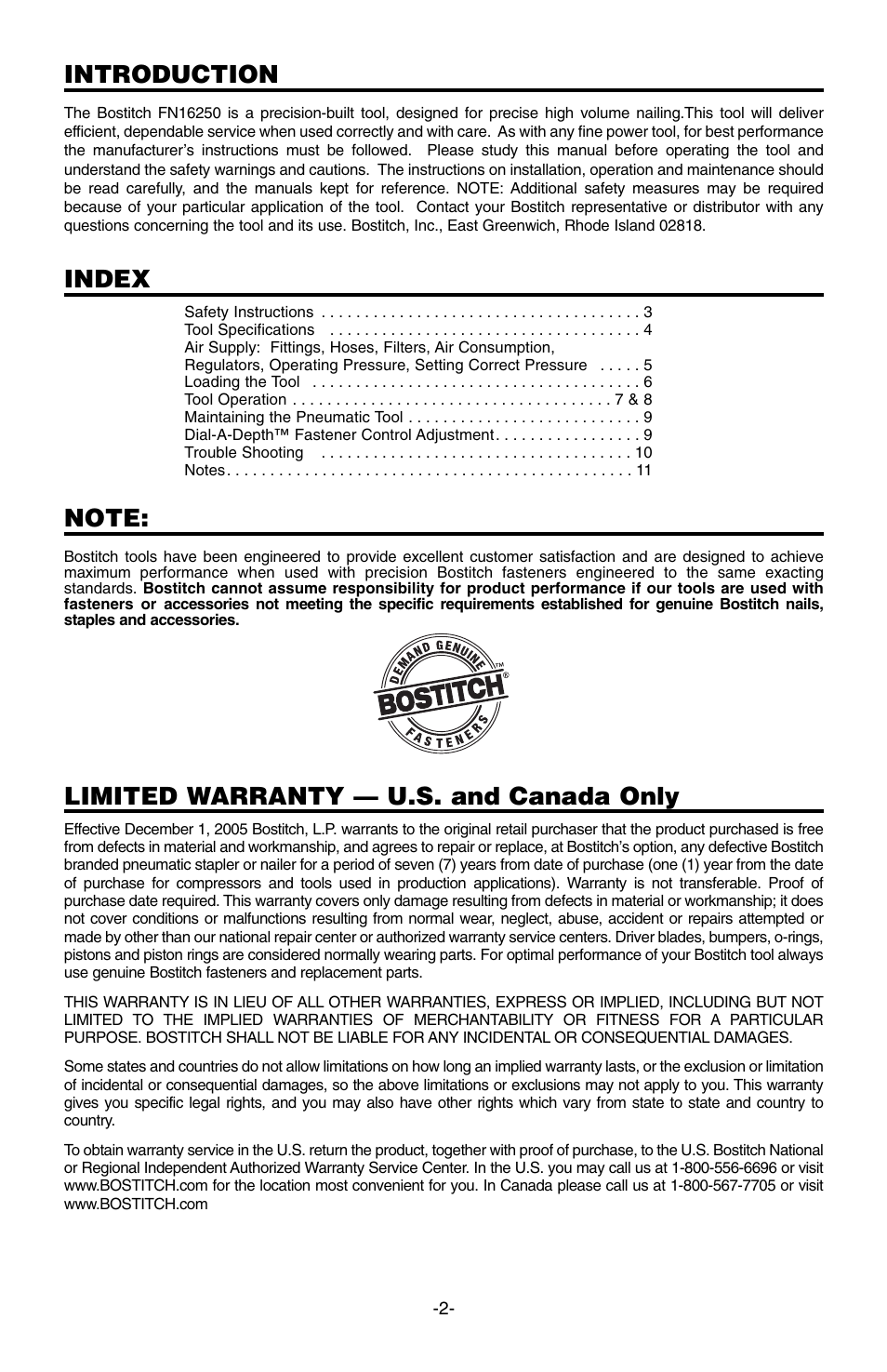 Introduction, Index, Limited warranty — u.s. and canada only | Bostitch 166066REVE User Manual | Page 2 / 32