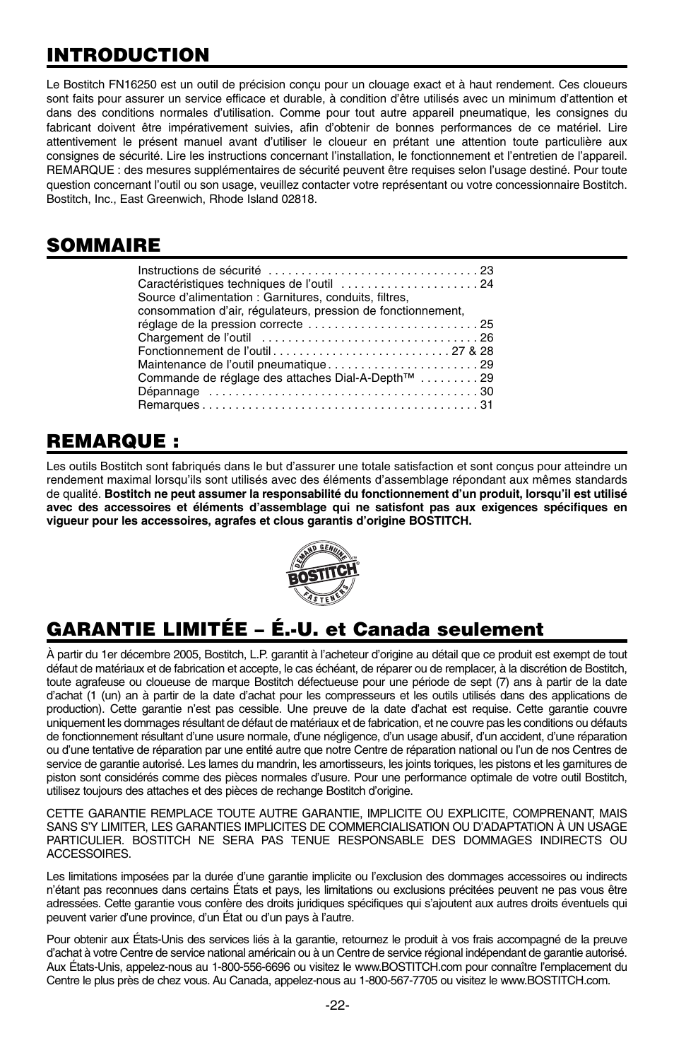 Introduction, Sommaire, Remarque | Garantie limitée – é.-u. et canada seulement | Bostitch 166066REVE User Manual | Page 22 / 32