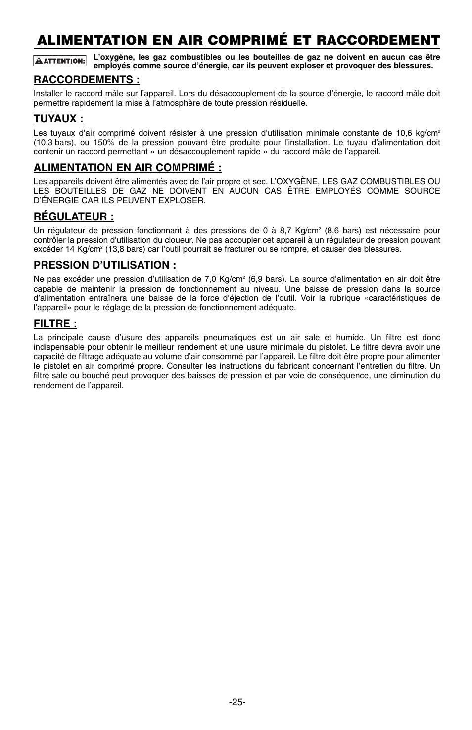 Alimentation en air comprimé et raccordement, Raccordements, Tuyaux | Alimentation en air comprimé, Régulateur, Pression d’utilisation, Filtre | Bostitch 166066REVE User Manual | Page 25 / 32