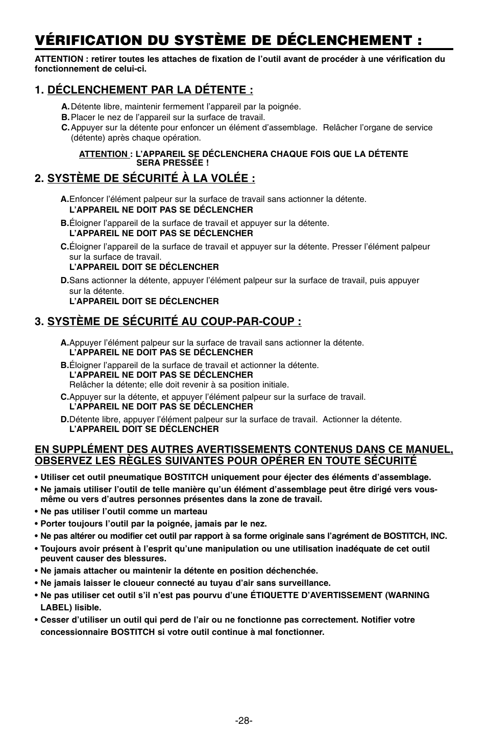 Vérification du système de déclenchement, Déclenchement par la détente, Système de sécurité à la volée | Système de sécurité au coup-par-coup | Bostitch 166066REVE User Manual | Page 28 / 32