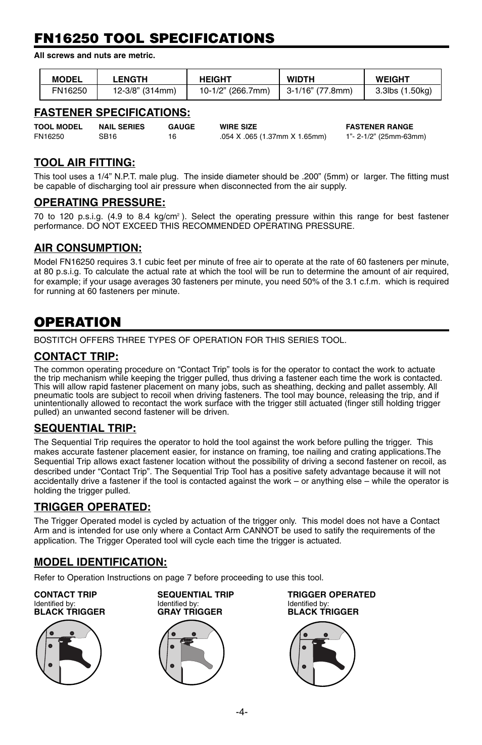 Operation, Fastener specifications, Tool air fitting | Operating pressure, Air consumption, Contact trip, Sequential trip, Trigger operated, Model identification | Bostitch 166066REVE User Manual | Page 4 / 32