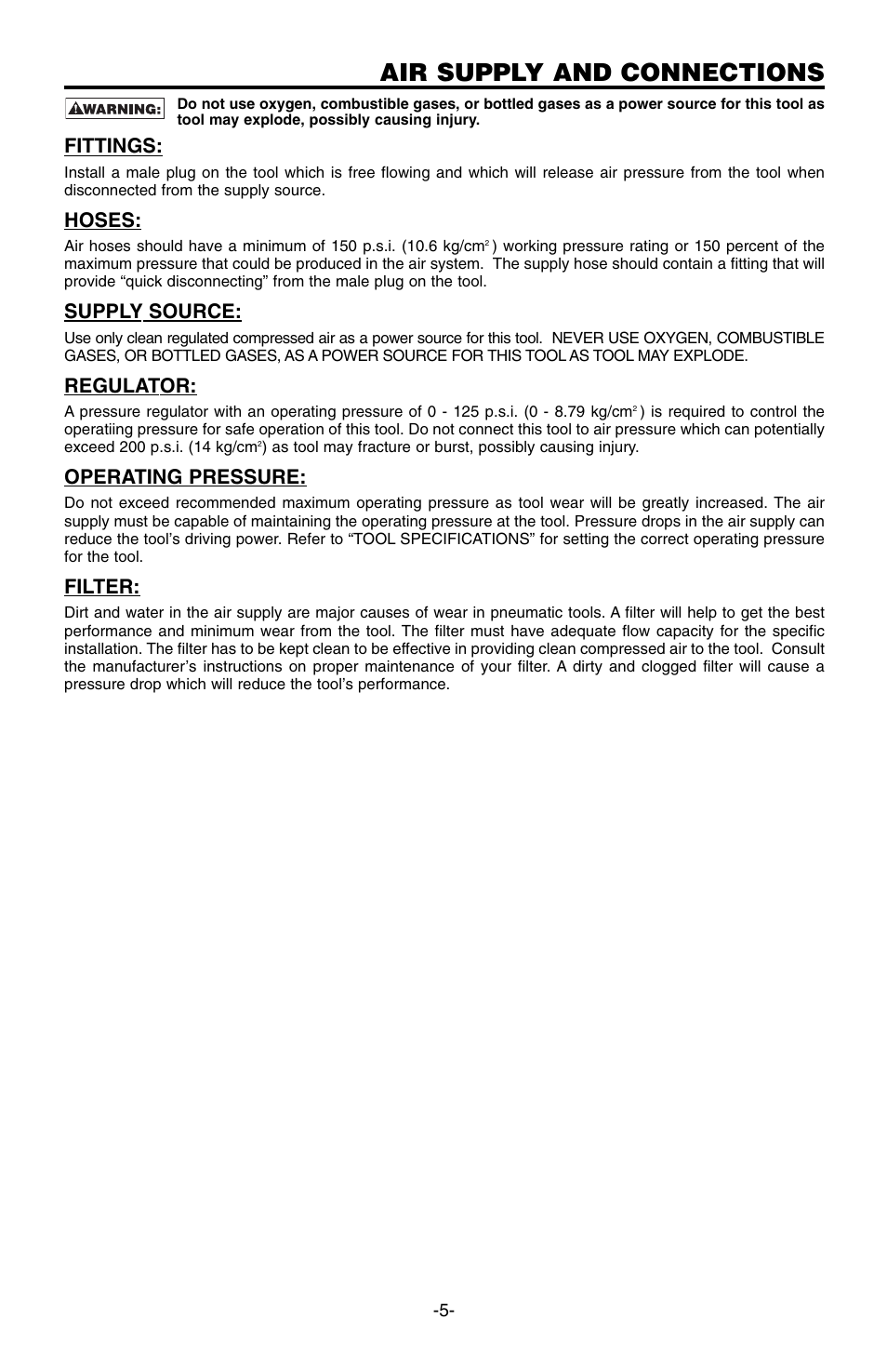 Air supply and connections, Fittings, Hoses | Supply source, Regulator, Operating pressure, Filter | Bostitch 166066REVE User Manual | Page 5 / 32