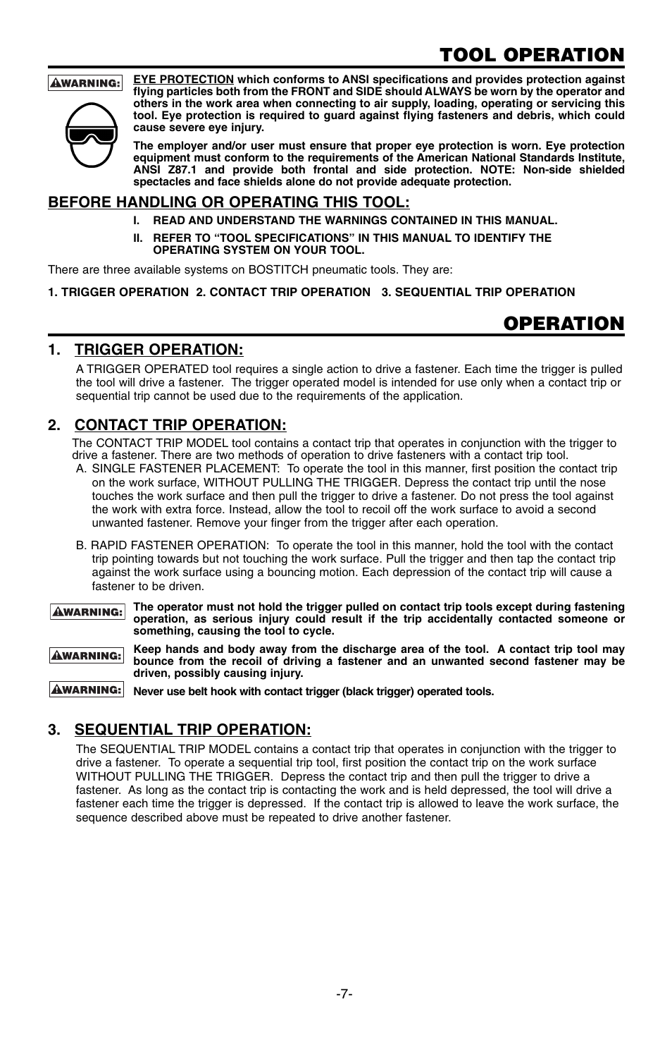 Tool operation, Operation | Bostitch 166066REVE User Manual | Page 7 / 32