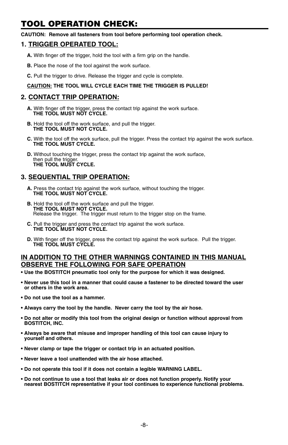 Tool operation check, Trigger operated tool, Contact trip operation | Sequential trip operation | Bostitch 166066REVE User Manual | Page 8 / 32
