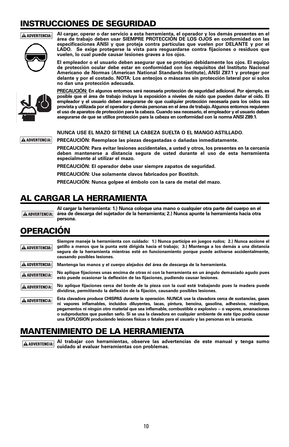 Instrucciones de seguridad, Al cargar la herramienta, Operación | Mantenimiento de la herramienta | Bostitch MFN-201 User Manual | Page 10 / 24