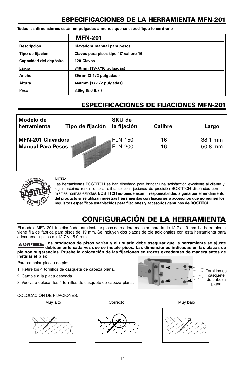 Configuración de la herramienta, Mfn-201, Especificaciones de fijaciones mfn-201 | Especificaciones de la herramienta mfn-201 | Bostitch MFN-201 User Manual | Page 11 / 24