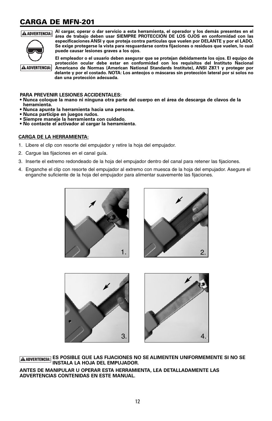 Carga de mfn-201 | Bostitch MFN-201 User Manual | Page 12 / 24