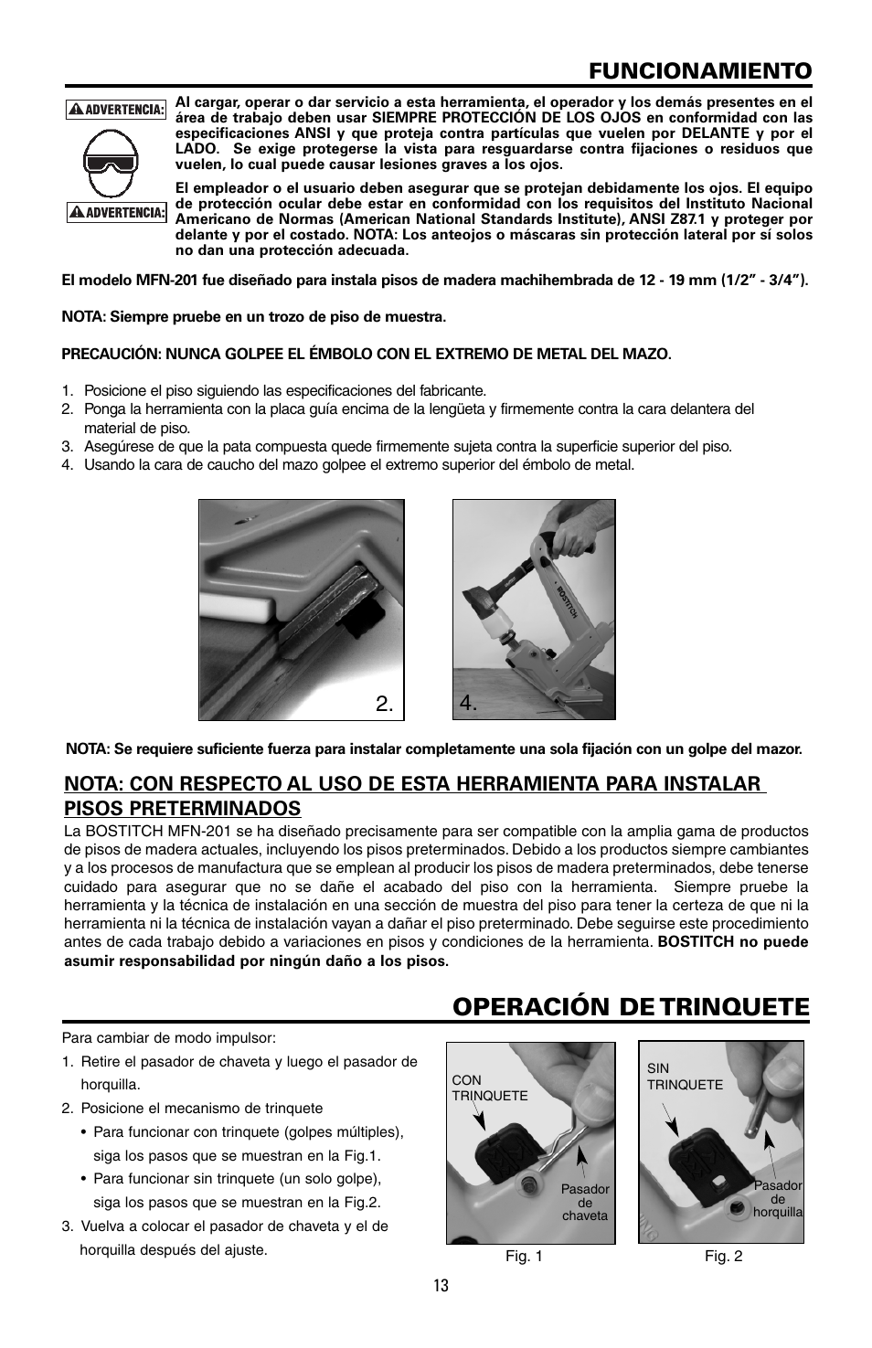 Operación de trinquete, Funcionamiento | Bostitch MFN-201 User Manual | Page 13 / 24