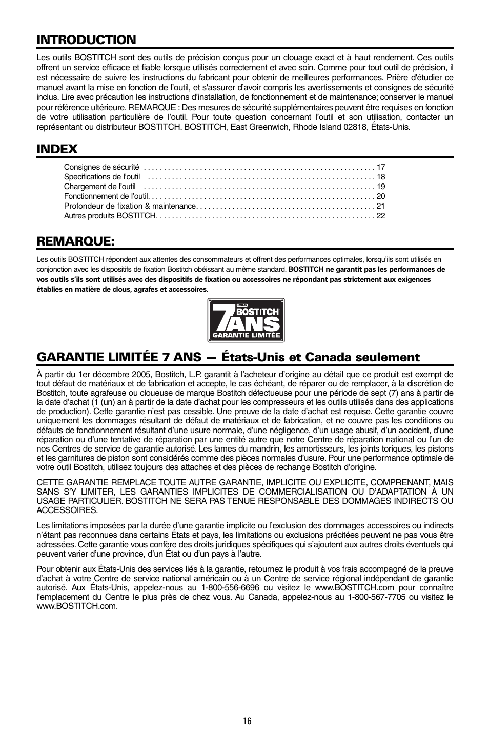 Introduction, Index, Remarque | Bostitch MFN-201 User Manual | Page 16 / 24
