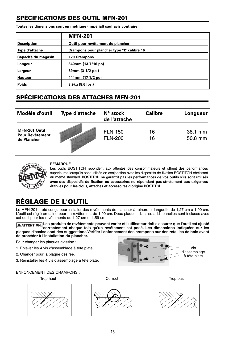 Réglage de l'outil, Mfn-201, Spécifications des attaches mfn-201 | Spécifications des outil mfn-201 | Bostitch MFN-201 User Manual | Page 18 / 24