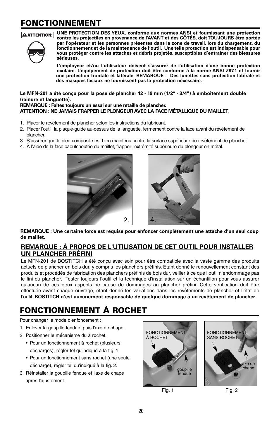 Fonctionnement, Fonctionnement à rochet | Bostitch MFN-201 User Manual | Page 20 / 24