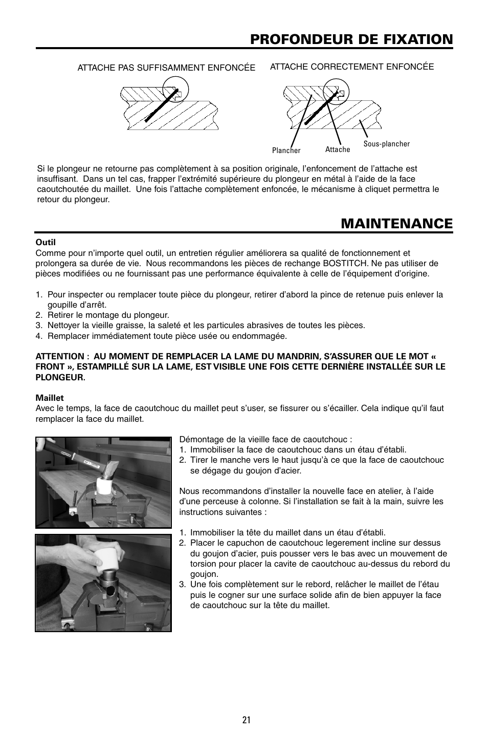 Maintenance profondeur de fixation | Bostitch MFN-201 User Manual | Page 21 / 24