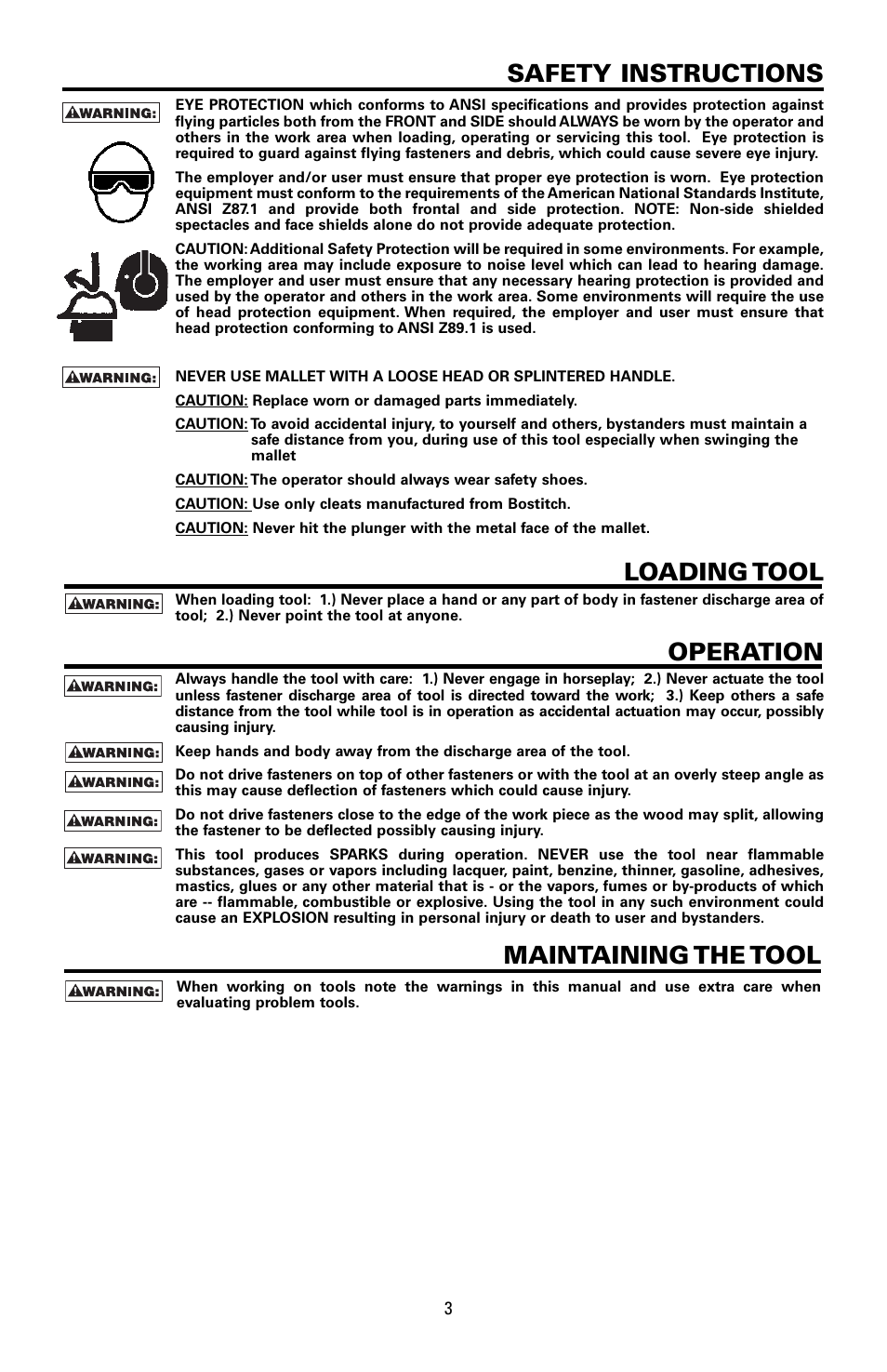 Safety instructions, Loading tool, Operation | Maintaining the tool | Bostitch MFN-201 User Manual | Page 3 / 24