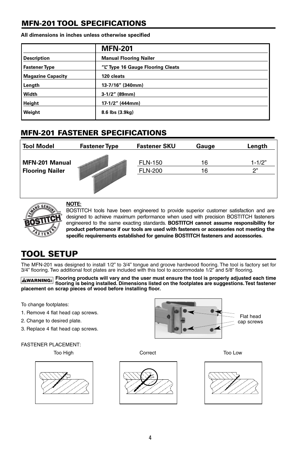 Tool setup, Mfn-201 | Bostitch MFN-201 User Manual | Page 4 / 24