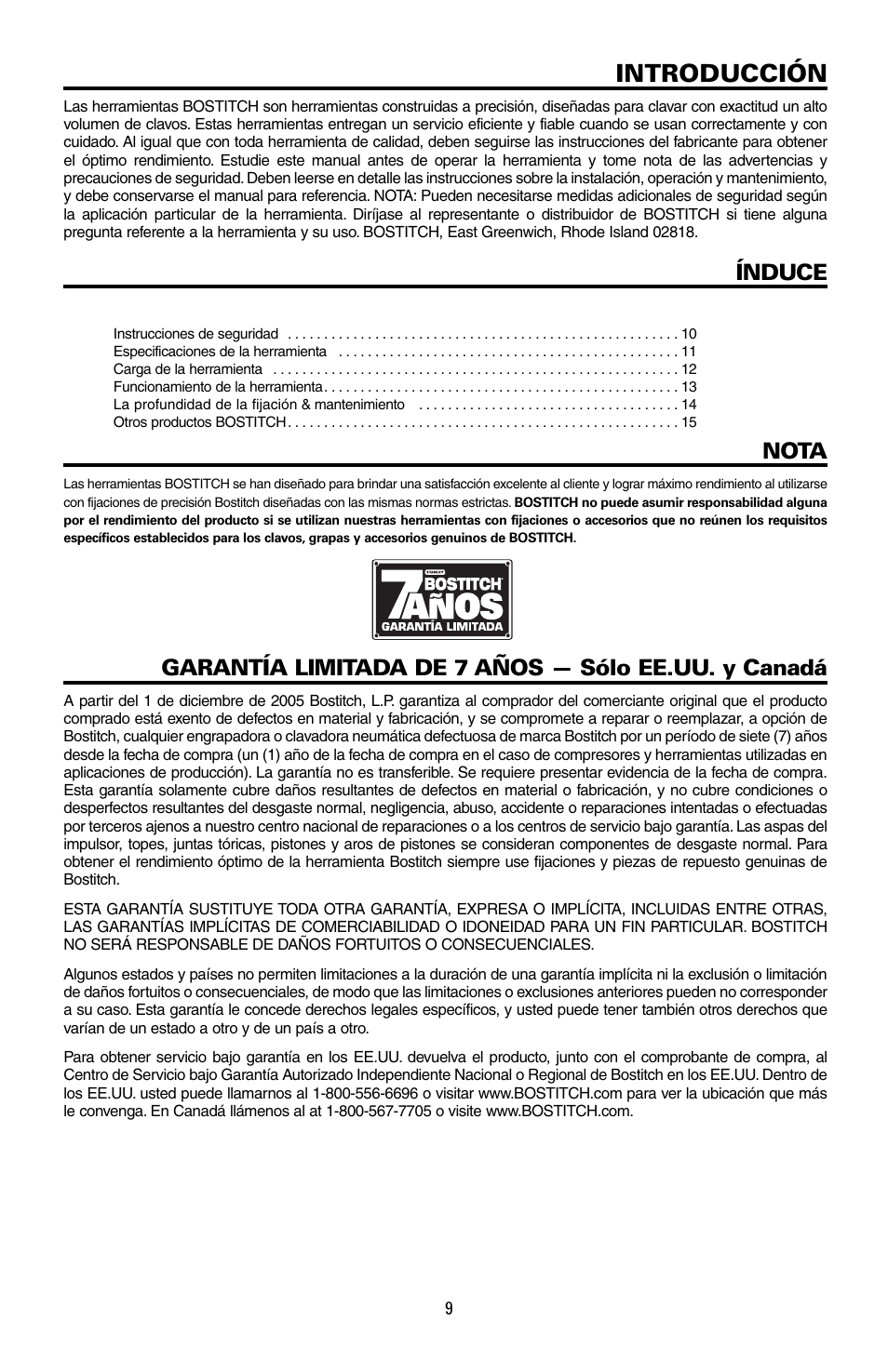 Introducción, Índuce, Nota | Garantía limitada de 7 años — sólo ee.uu. y canadá | Bostitch MFN-201 User Manual | Page 9 / 24