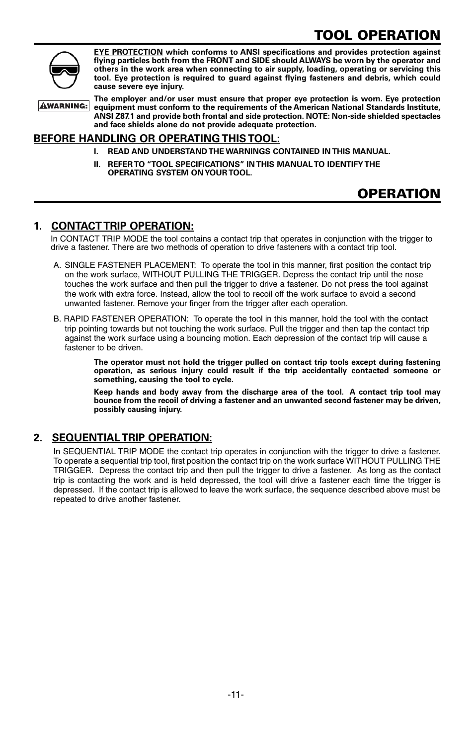 Tool operation, Operation | Bostitch FN1664 User Manual | Page 11 / 50