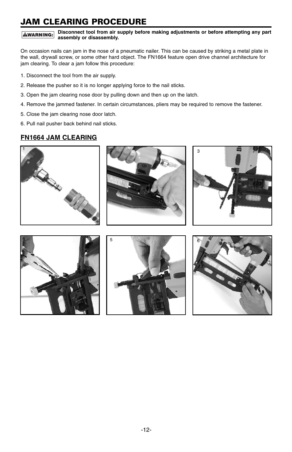 Jam clearing procedure, Fn1664 jam clearing | Bostitch FN1664 User Manual | Page 12 / 50