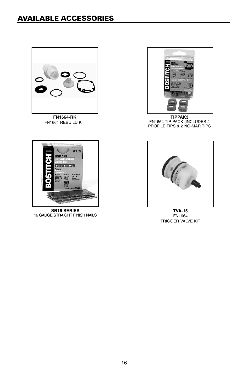 Available accessories | Bostitch FN1664 User Manual | Page 16 / 50