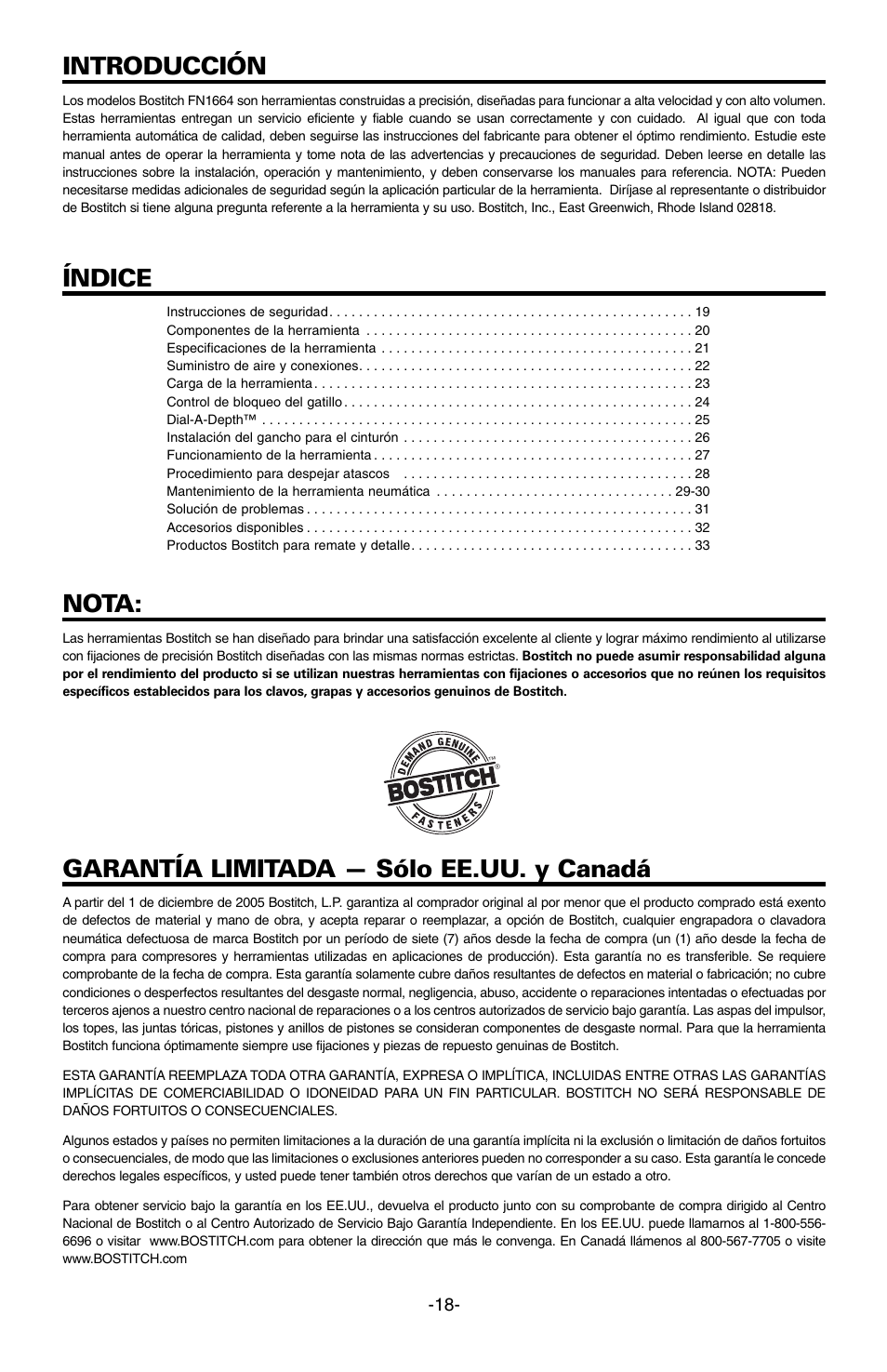 Introducción, Índice, Nota | Garantía limitada — sólo ee.uu. y canadá | Bostitch FN1664 User Manual | Page 18 / 50