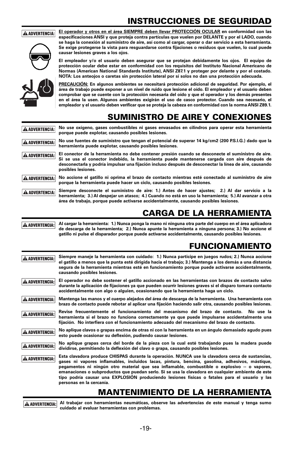 Instrucciones de seguridad, Suministro de aire y conexiones, Carga de la herramienta | Funcionamiento, Mantenimiento de la herramienta | Bostitch FN1664 User Manual | Page 19 / 50