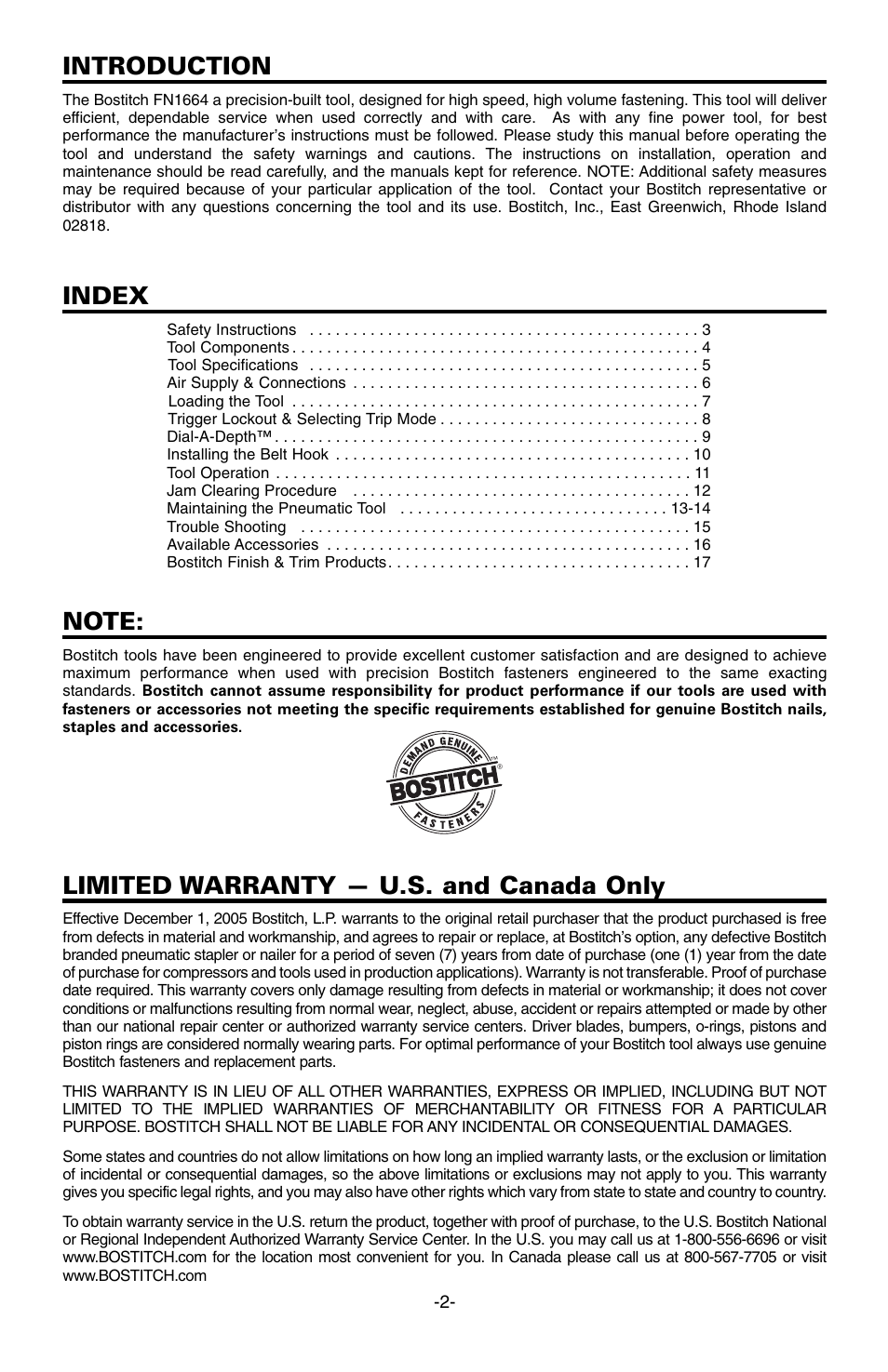 Introduction, Index, Limited warranty — u.s. and canada only | Bostitch FN1664 User Manual | Page 2 / 50