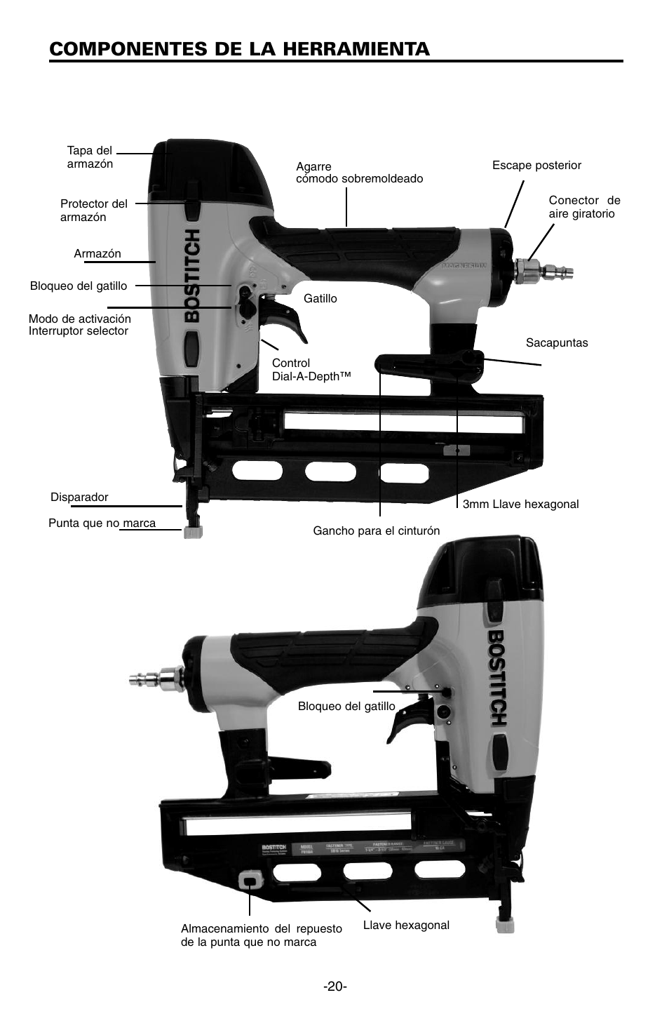 Componentes de la herramienta | Bostitch FN1664 User Manual | Page 20 / 50
