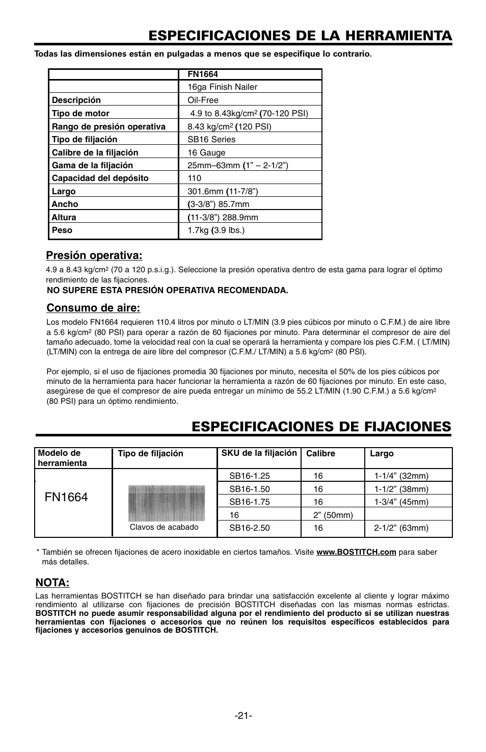 Especificaciones de la herramienta, Especificaciones de fijaciones, Fn1664 | Presión operativa, Consumo de aire, Nota | Bostitch FN1664 User Manual | Page 21 / 50