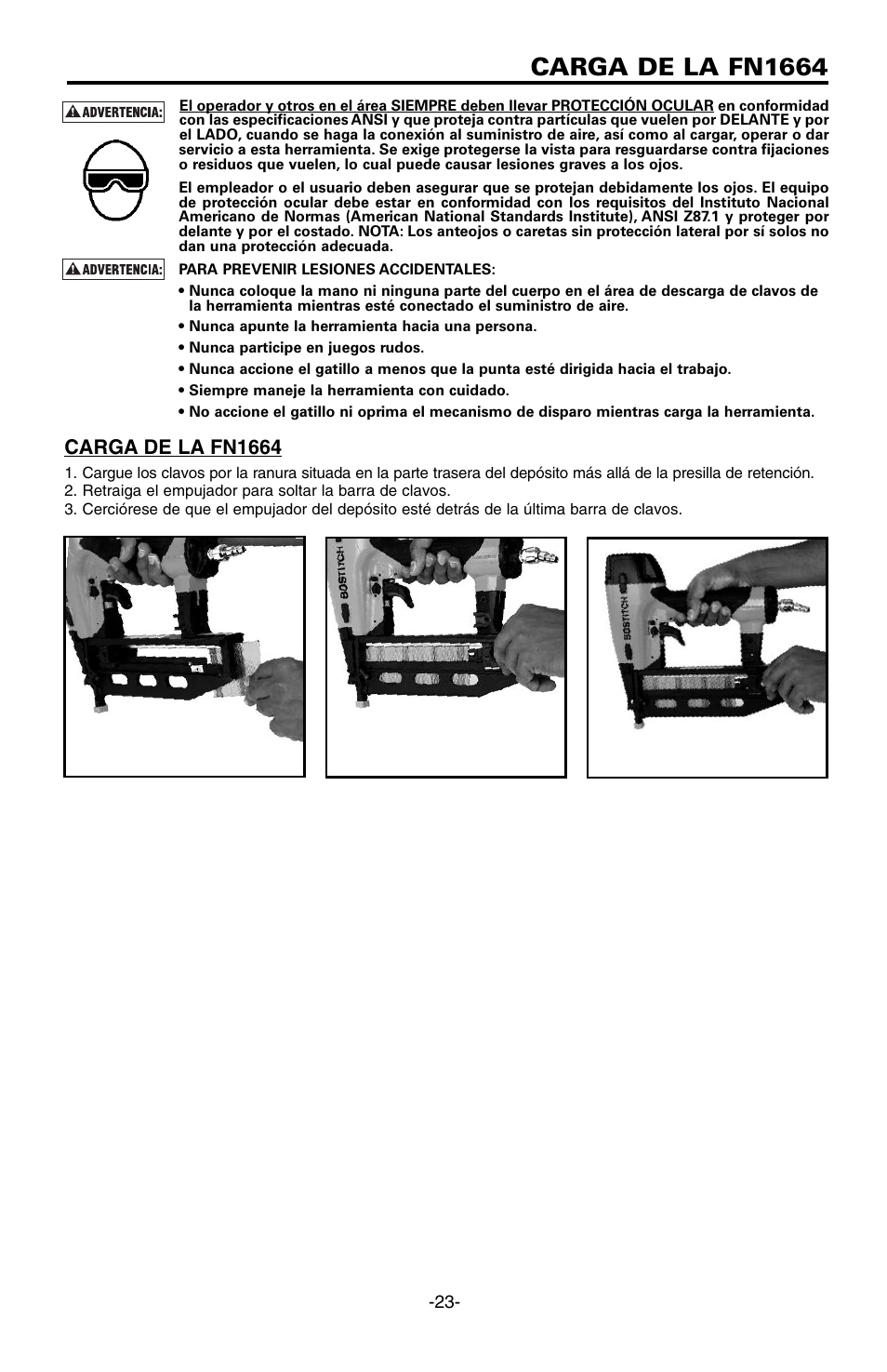 Carga de la fn1664 | Bostitch FN1664 User Manual | Page 23 / 50