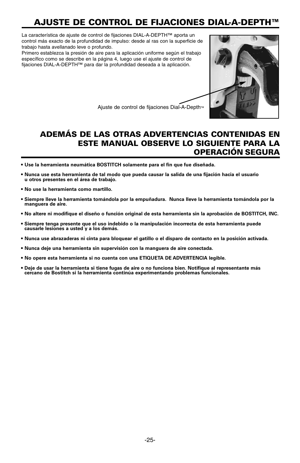 Ajuste de control de fijaciones dial-a-depth | Bostitch FN1664 User Manual | Page 25 / 50