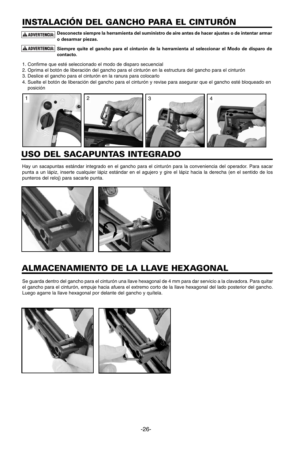 Instalación del gancho para el cinturón | Bostitch FN1664 User Manual | Page 26 / 50