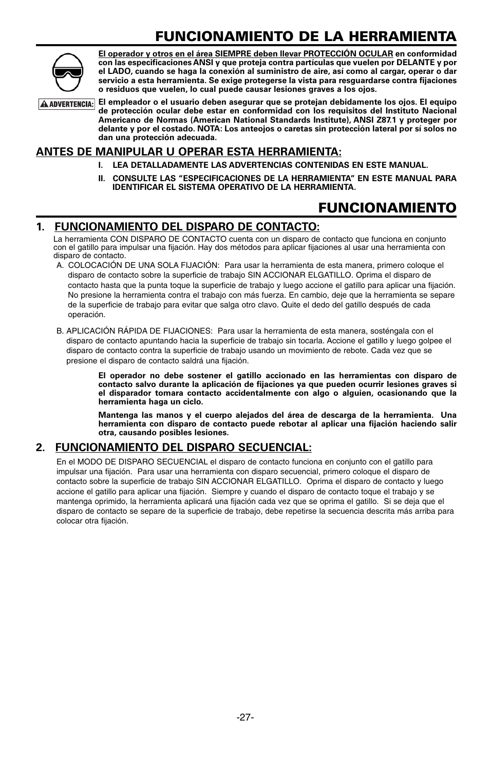 Funcionamiento de la herramienta, Funcionamiento | Bostitch FN1664 User Manual | Page 27 / 50
