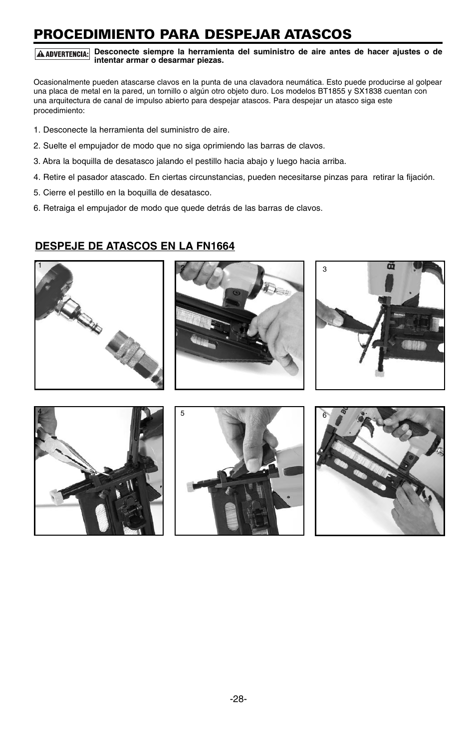 Procedimiento para despejar atascos, Despeje de atascos en la fn1664 | Bostitch FN1664 User Manual | Page 28 / 50