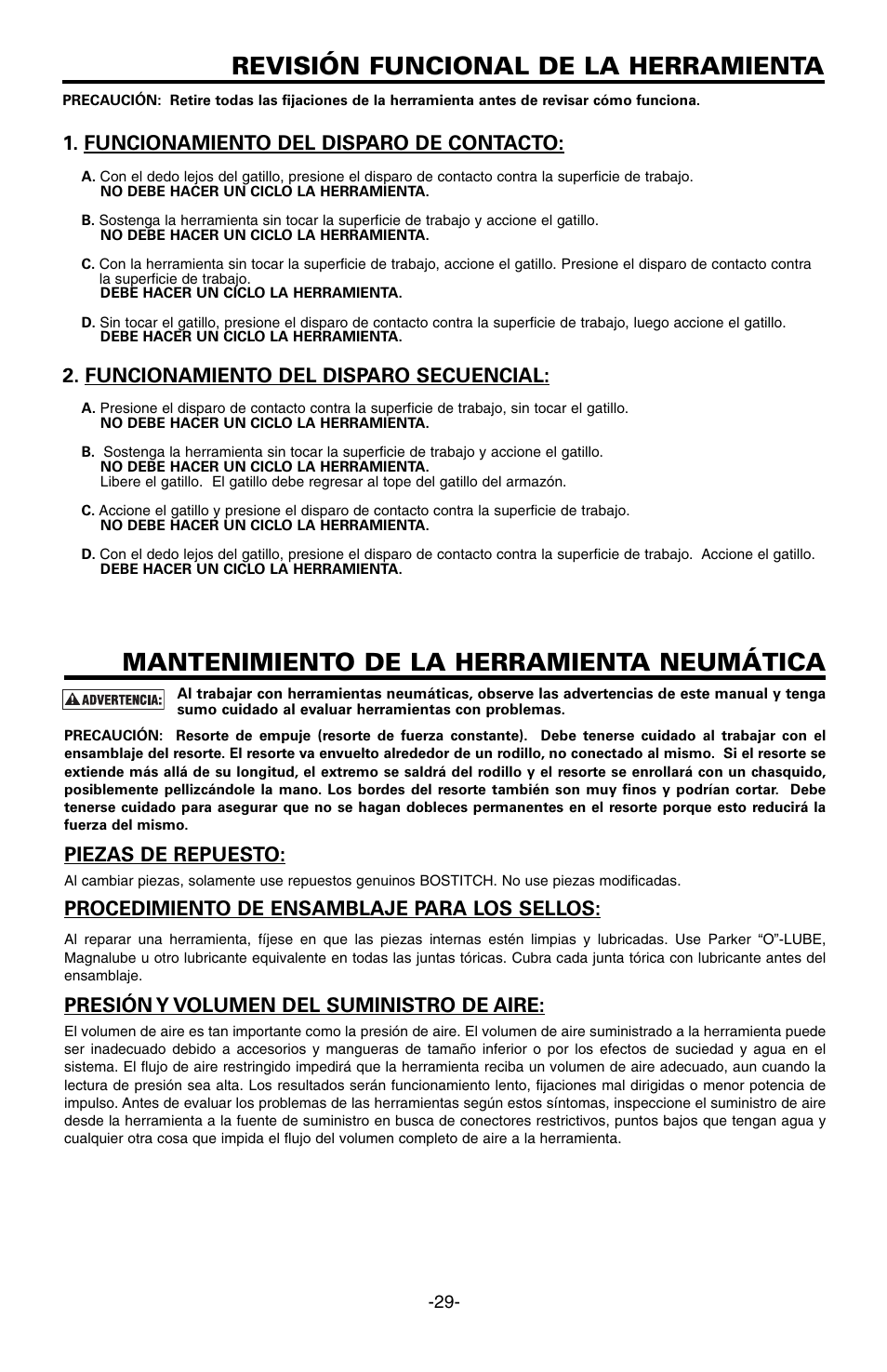 Revisión funcional de la herramienta, Mantenimiento de la herramienta neumática, Funcionamiento del disparo de contacto | Funcionamiento del disparo secuencial, Piezas de repuesto, Procedimiento de ensamblaje para los sellos, Presión y volumen del suministro de aire | Bostitch FN1664 User Manual | Page 29 / 50