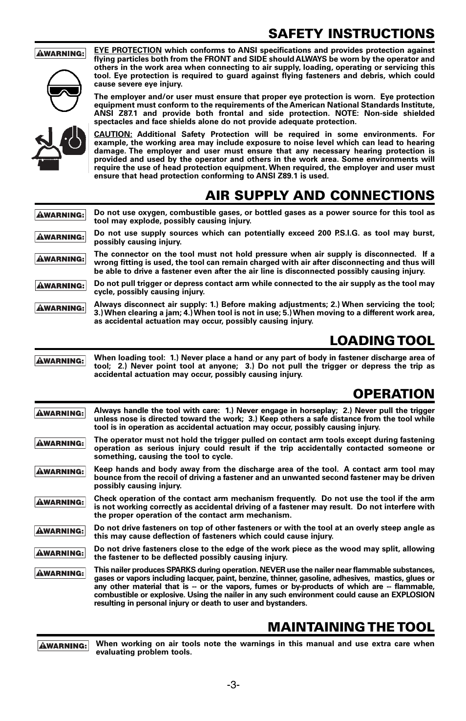 Safety instructions, Air supply and connections, Loading tool | Operation, Maintaining the tool | Bostitch FN1664 User Manual | Page 3 / 50