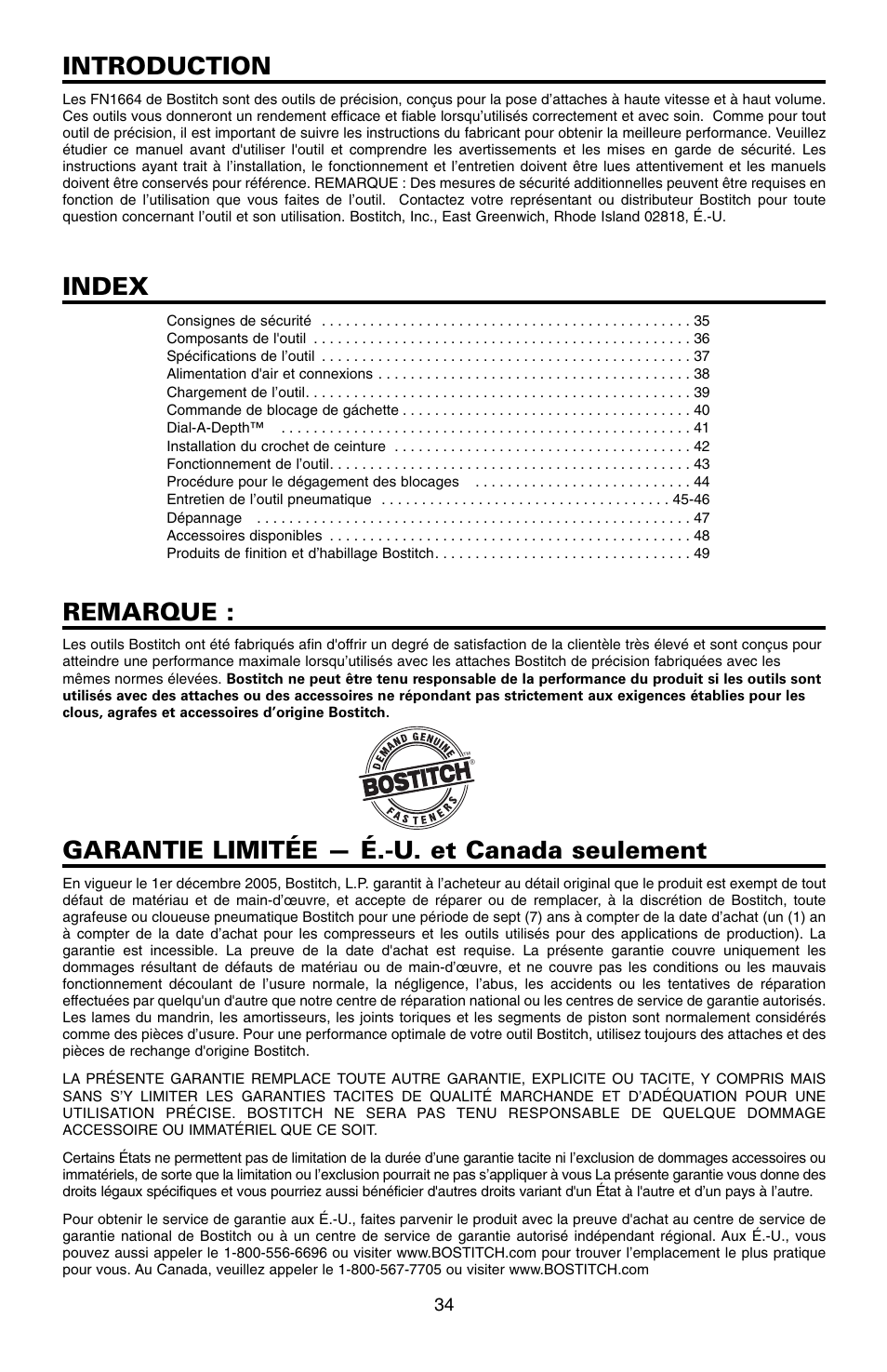 Introduction, Index, Remarque | Garantie limitée — é.-u. et canada seulement | Bostitch FN1664 User Manual | Page 34 / 50
