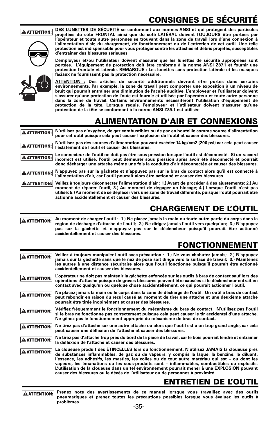 Consignes de sécurité, Alimentation d'air et connexions, Chargement de l’outil | Fonctionnement, Entretien de l’outil | Bostitch FN1664 User Manual | Page 35 / 50