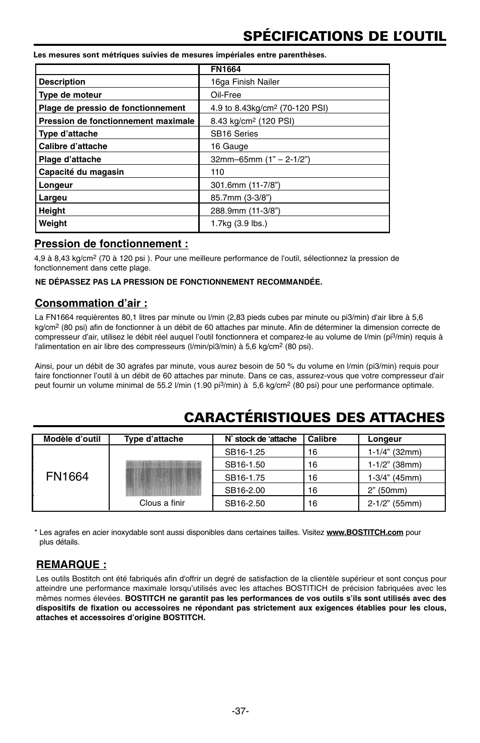 Spécifications de l’outil, Caractéristiques des attaches, Fn1664 | Pression de fonctionnement, Consommation d’air, Remarque | Bostitch FN1664 User Manual | Page 37 / 50