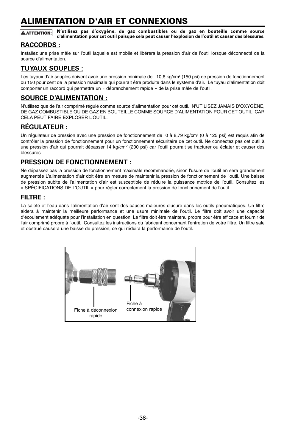 Alimentation d'air et connexions, Raccords, Tuyaux souples | Source d’alimentation, Régulateur, Pression de fonctionnement, Filtre | Bostitch FN1664 User Manual | Page 38 / 50