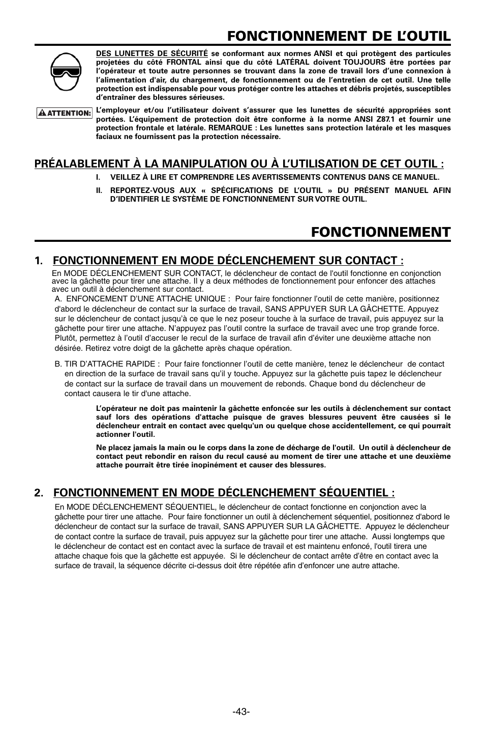 Fonctionnement de l’outil, Fonctionnement, Fonctionnement en mode déclenchement sur contact | Fonctionnement en mode déclenchement séquentiel | Bostitch FN1664 User Manual | Page 43 / 50