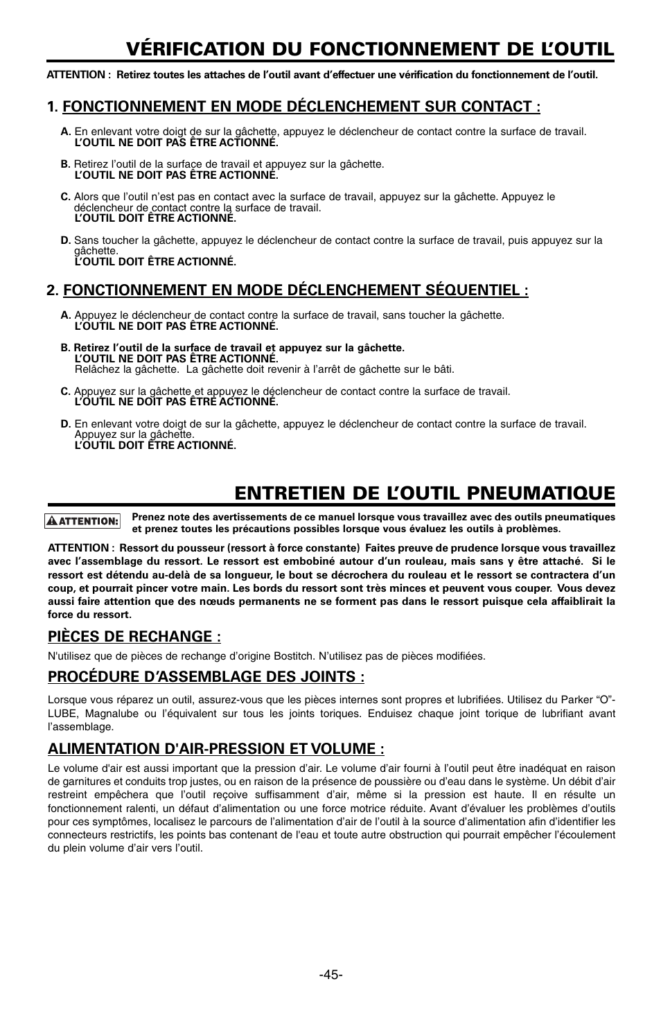 Vérification du fonctionnement de l’outil, Entretien de l’outil pneumatique, Fonctionnement en mode déclenchement sur contact | Fonctionnement en mode déclenchement séquentiel, Pièces de rechange, Procédure d’assemblage des joints, Alimentation d'air-pression et volume | Bostitch FN1664 User Manual | Page 45 / 50