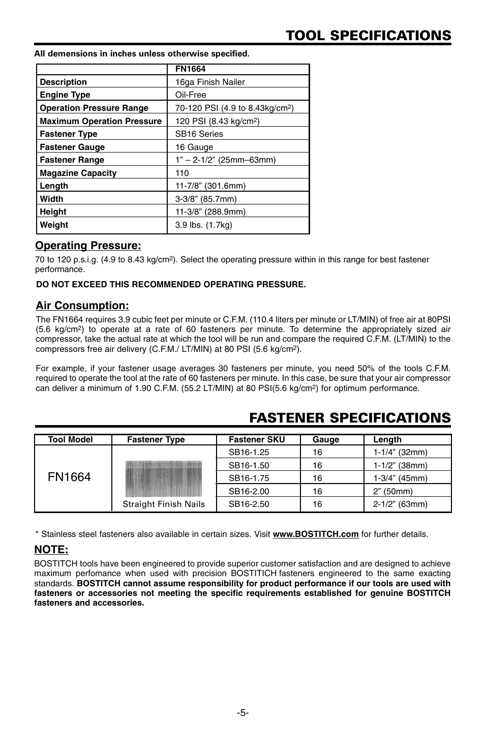 Tool specifications, Fastener specifications, Fn1664 | Operating pressure, Air consumption | Bostitch FN1664 User Manual | Page 5 / 50