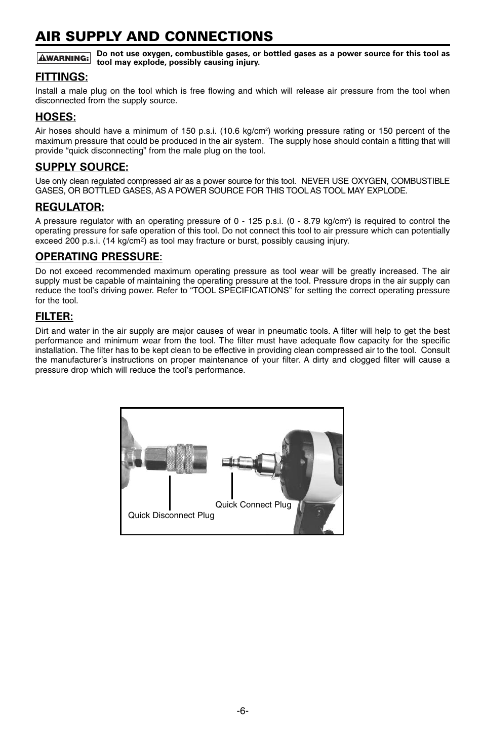 Air supply and connections, Fittings, Hoses | Supply source, Regulator, Operating pressure, Filter | Bostitch FN1664 User Manual | Page 6 / 50