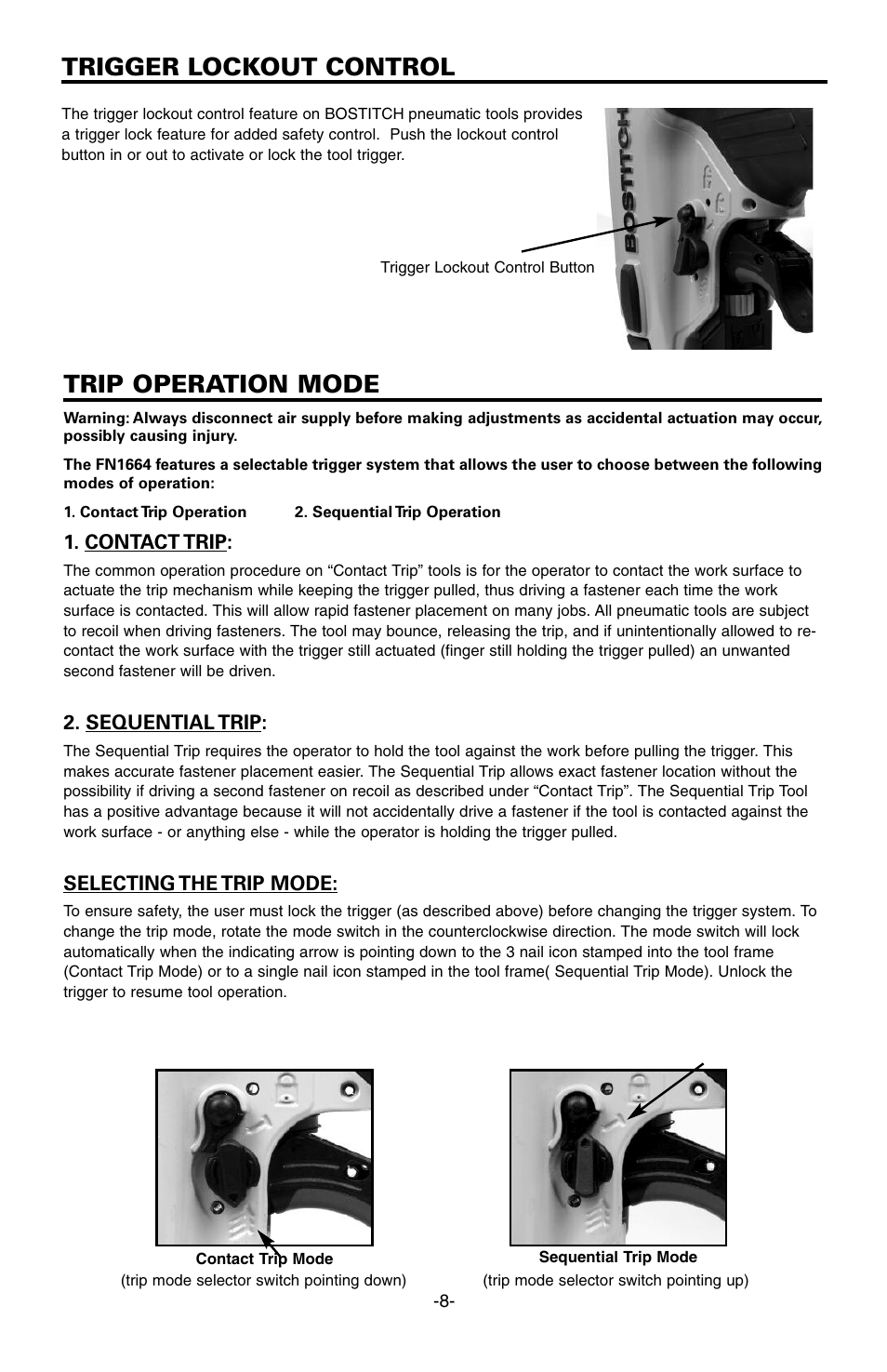 Trip operation mode, Trigger lockout control | Bostitch FN1664 User Manual | Page 8 / 50